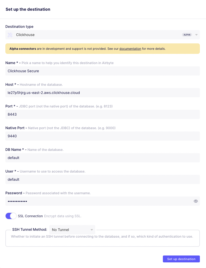 Создание приемника данных ClickHouse в Airbyte