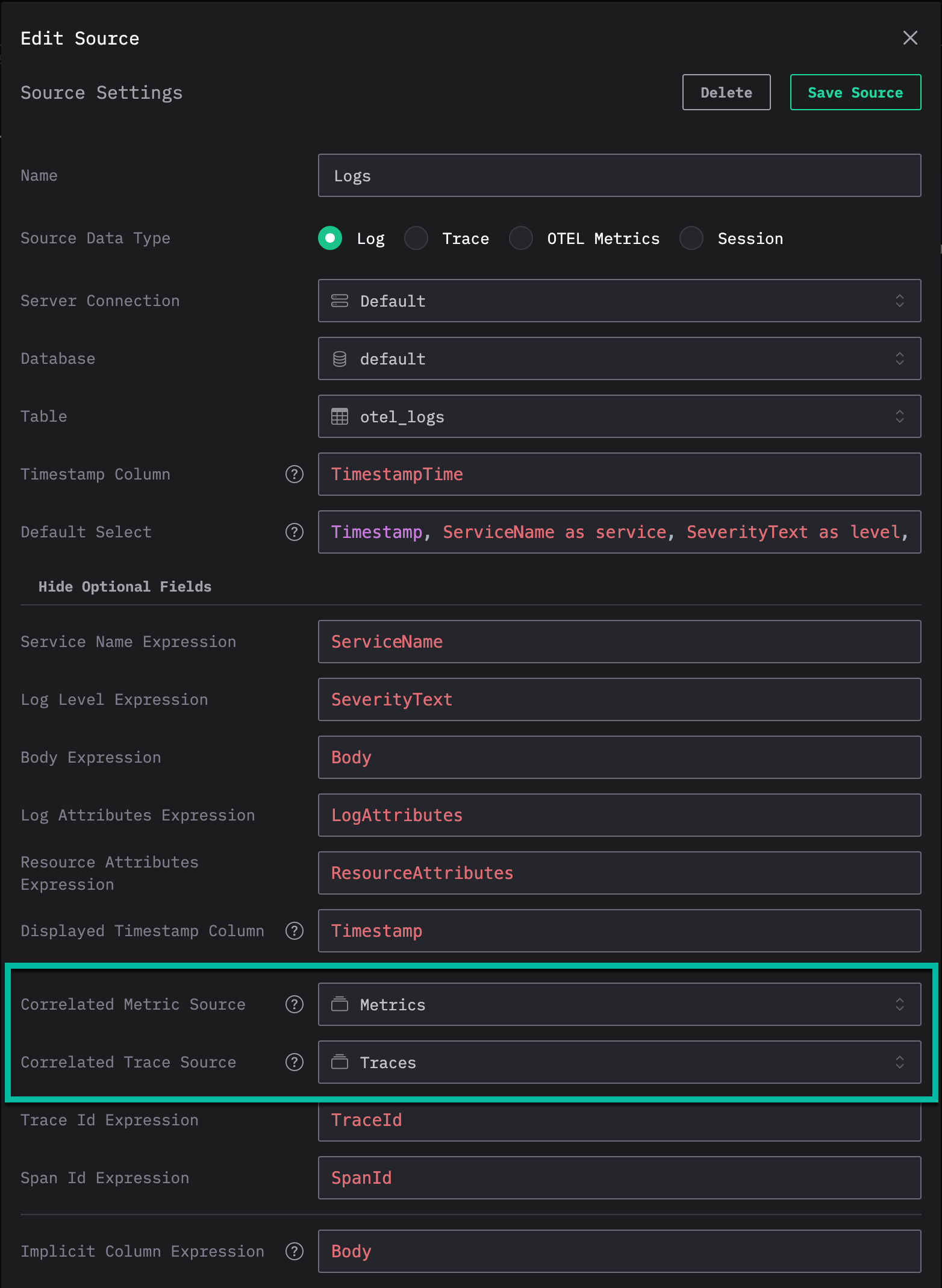 Источник HyperDX с �настроенной корреляцией