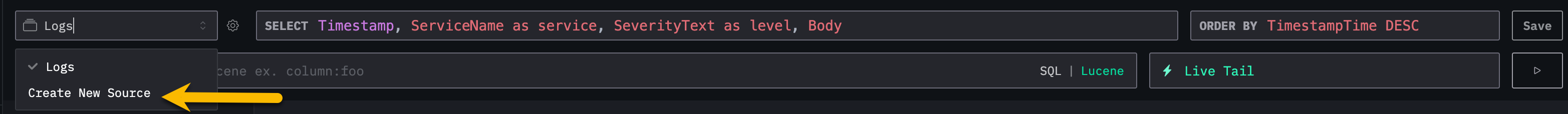 HyperDX создание нового источника