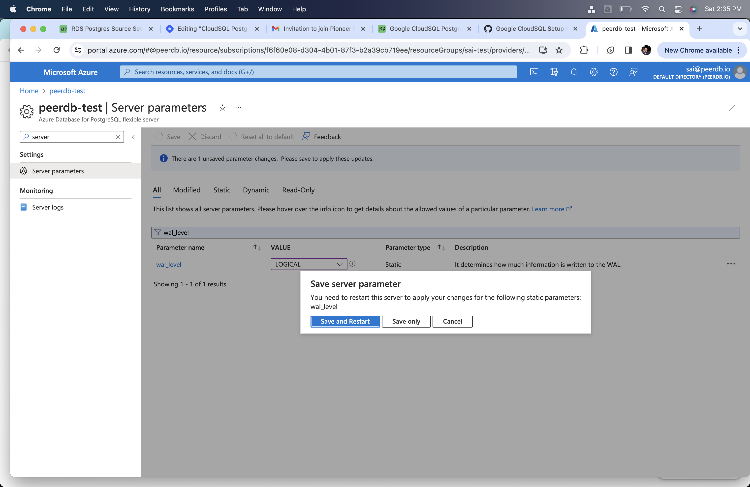 Перезапуск сервера после изменения wal_level