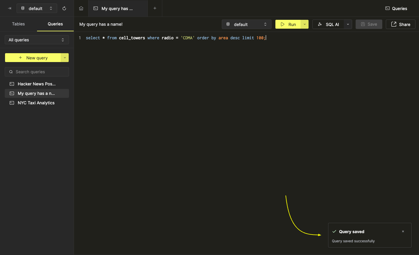 Кнопка сохранения на панели инструментов редактора запросов