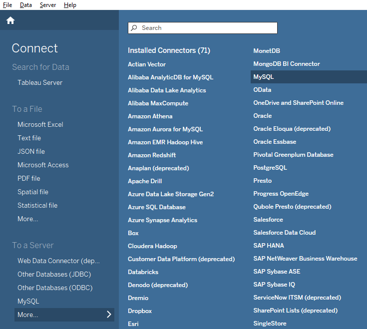 Интерфейс Tableau Desktop с меню Connect и выделенной опцией MySQL